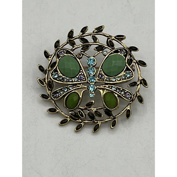 Vtg Monet Multi Colored Rhinestones & Green Faceted Cabochons Butterfly Brooch - Picture 6 of 6